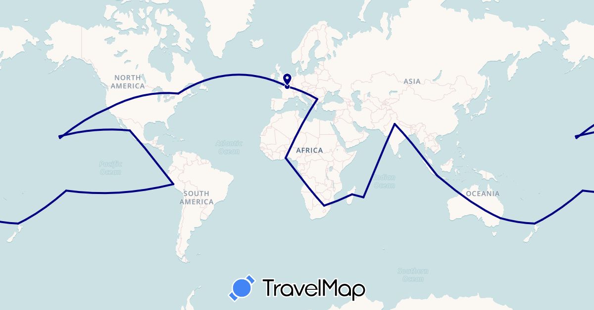 TravelMap itinerary: driving in Australia, Bulgaria, Canada, France, Indonesia, India, Madagascar, Mexico, New Zealand, Peru, Togo, United States, South Africa (Africa, Asia, Europe, North America, Oceania, South America)